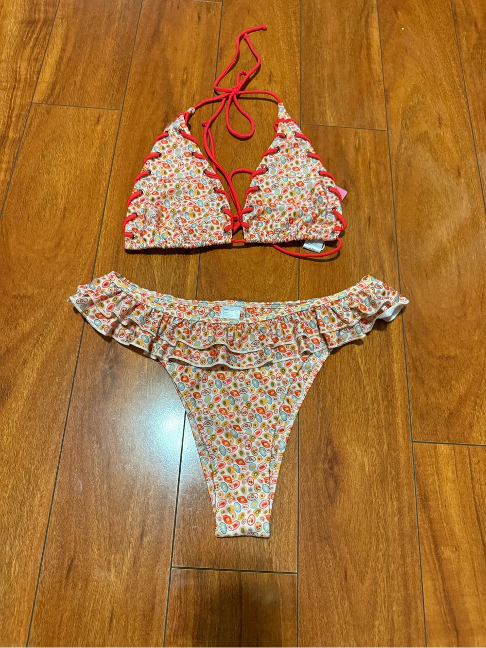 Strawberry Milk Mob Multicolor Paisley Print Swimwear with Red Accents